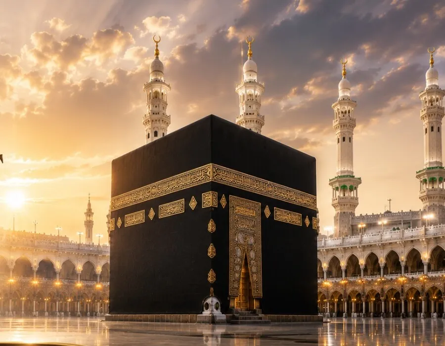 The Holy Kaaba at Masjid al-Haram in Makkah at golden hour