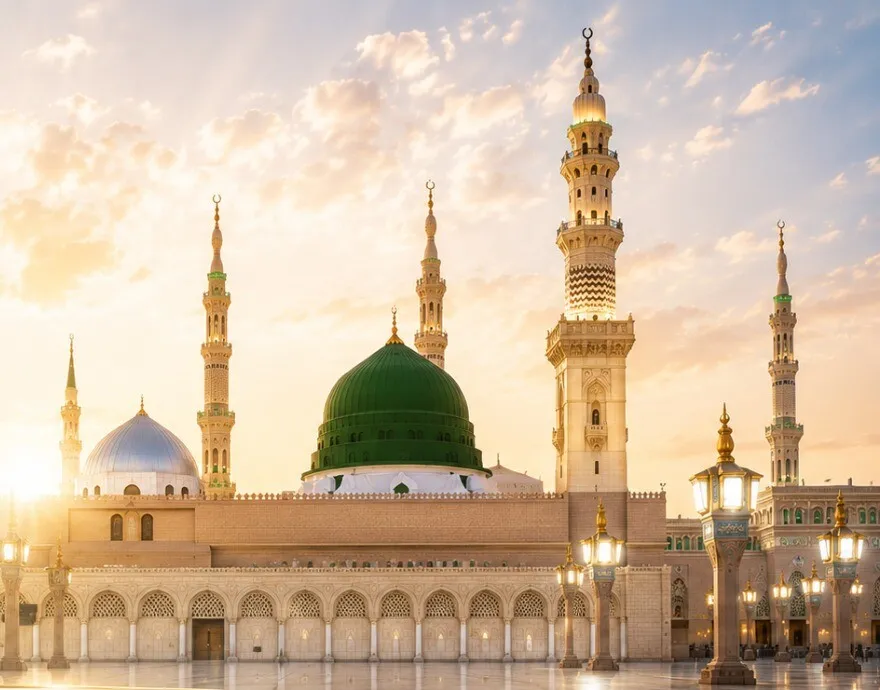 Al-Masjid an-Nabawi, the Prophet's Mosque, in Madinah with its green dome